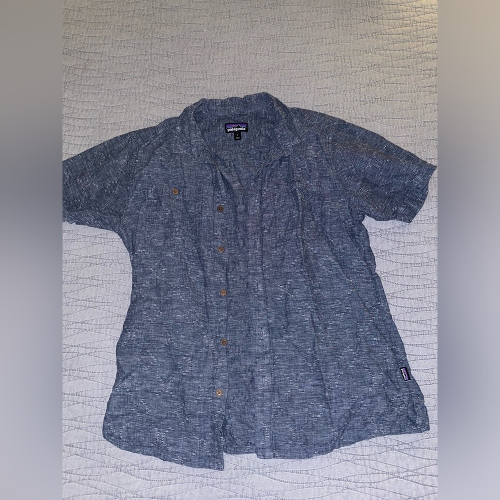 Mens Patagonia Large Back Step Button Up Short Sleeve In Geometric Blue
